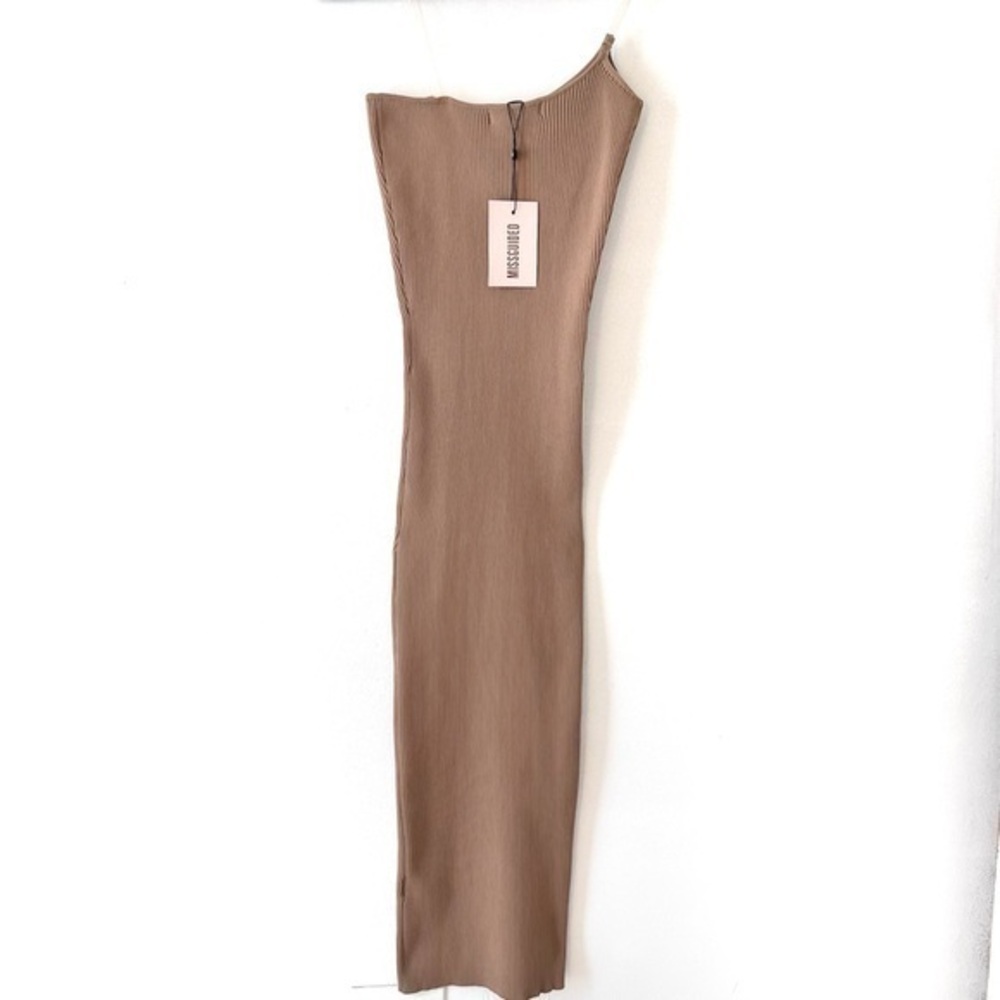 Missguided Clear Straps Midi Ribbed stretch dress bodycon tan beige SZ 2-4 NWT